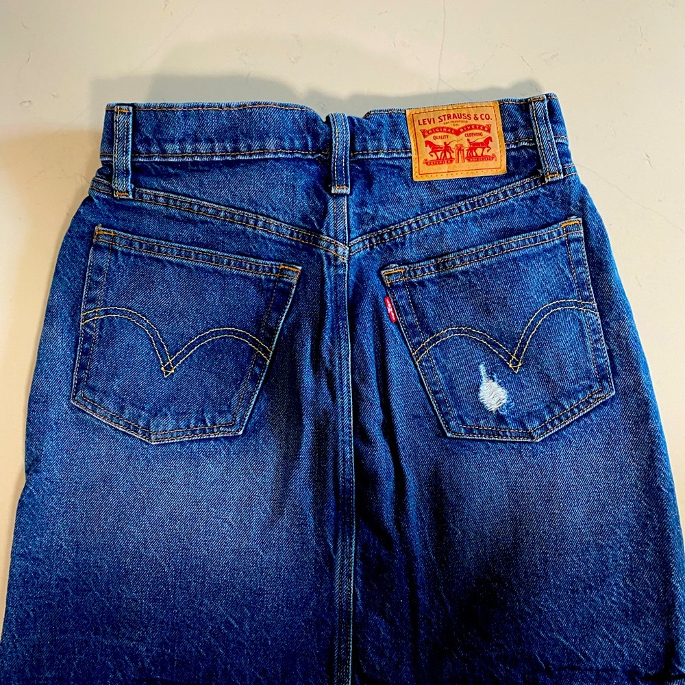 Levy’s Jean DeminSkirt high waisted and slightly distressed.